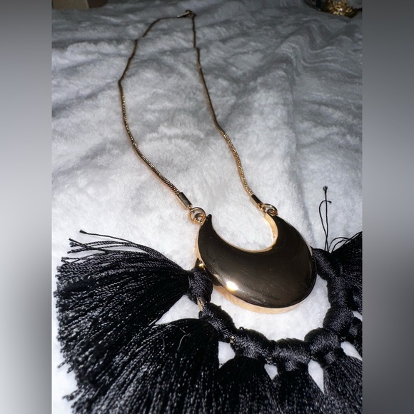 INC International Concepts crescent moon Black Gold Tassel statement Necklace - Picture 2 of 4